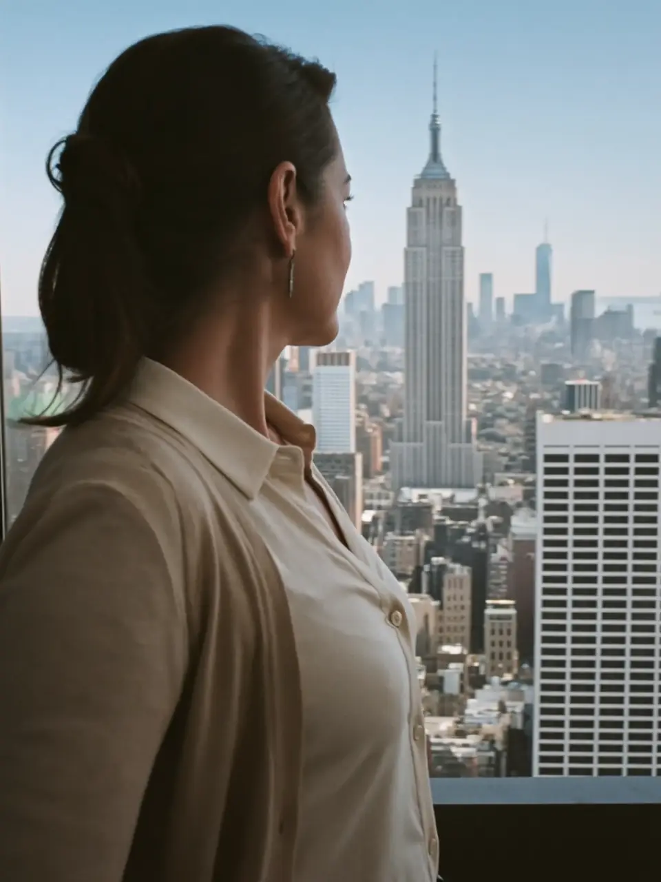 Jennifer Garcés mira el Empire State desde una ventana en Nueva York